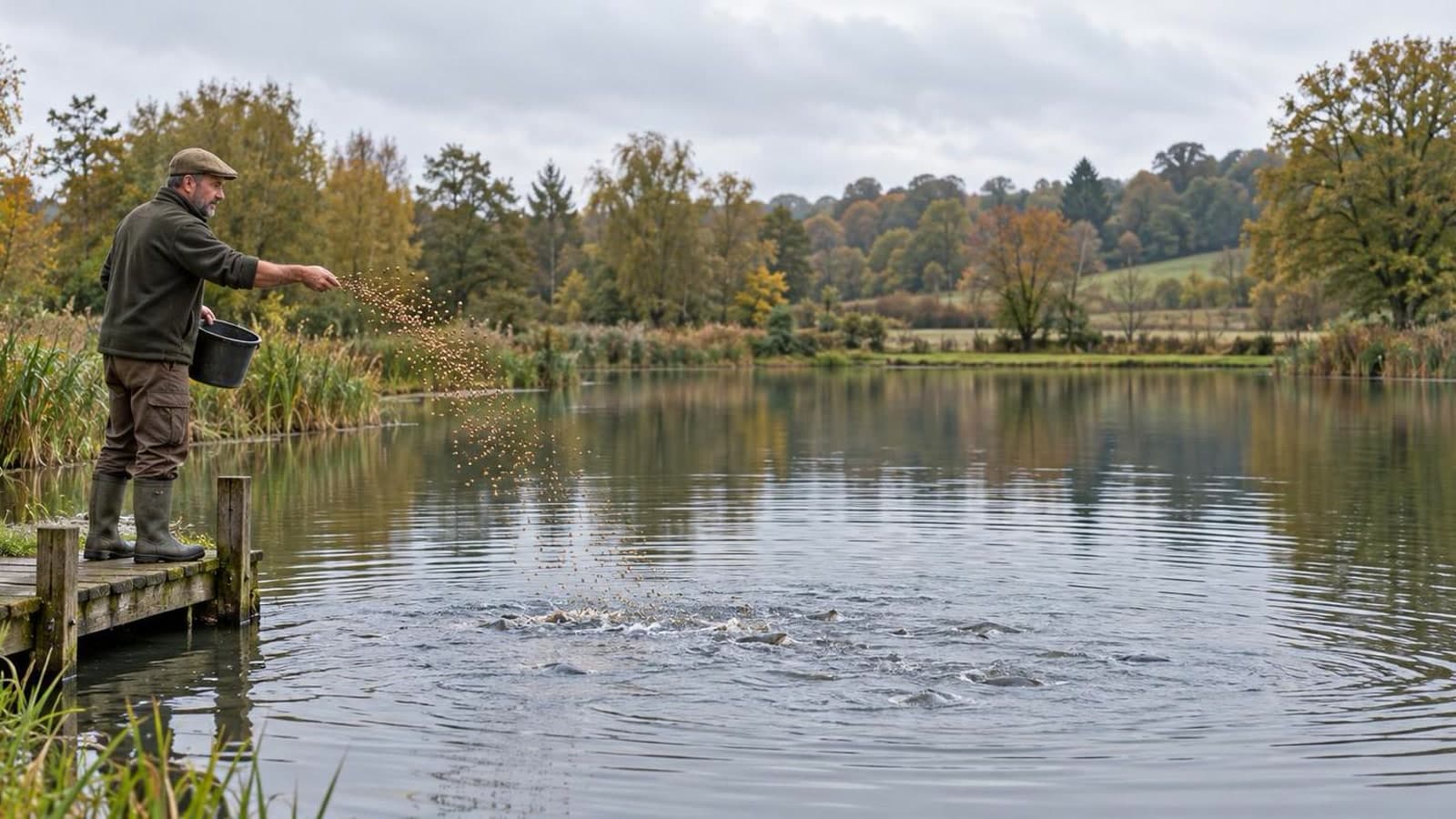 Teichbesitzer füttert Fische im Herbst mit einer abgemessenen Portion