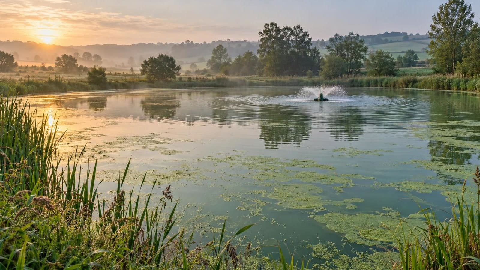 Acqua verdastra nel laghetto e aeratore che muove la superficie