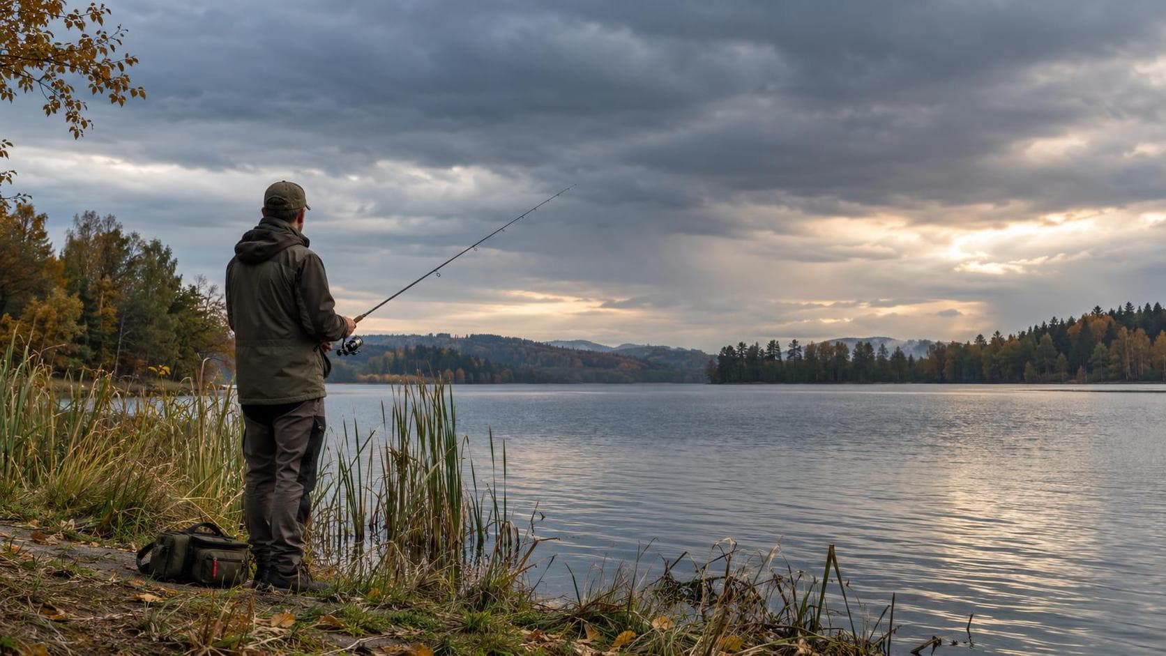 Pêcheur au bord d’un lac sous un ciel nuageux avant un changement de temps