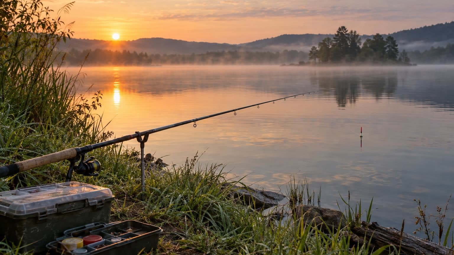 Posenrute am Ufer eines ruhigen Sees bei Sonnenaufgang